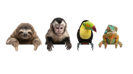 Fototapeta premium Exotic wild animals leaning on white border isolated on white background, sloth capuchin monkey toucan chameleon set