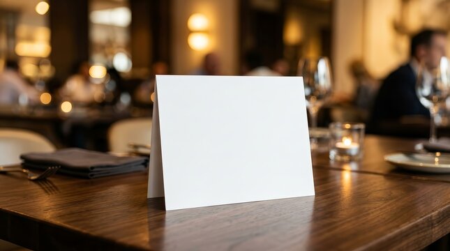 Minimalist menu frame mockup design on a wooden surface with blurred background.