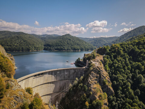 Vidraru Dam Arch Structure Holding Back Lake Waters in Carpathian Mountains