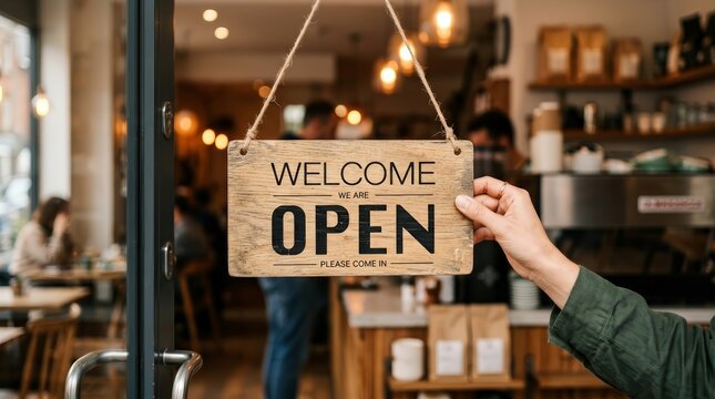 Welcome open sign being displayed by a waitress at the entrance of a modern food and drink shop.