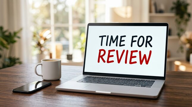 Time for review business concept with technology and coffee in a bright office setting.