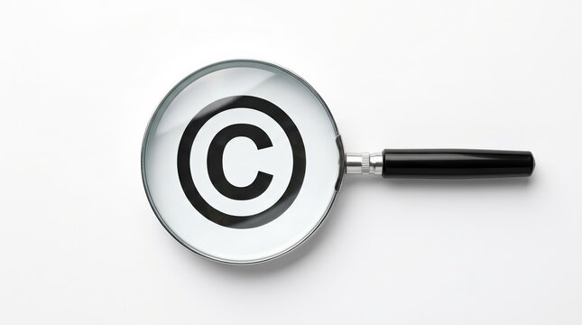 Magnifying glass focusing on the copyright symbol to represent patent protection and legal rights.
