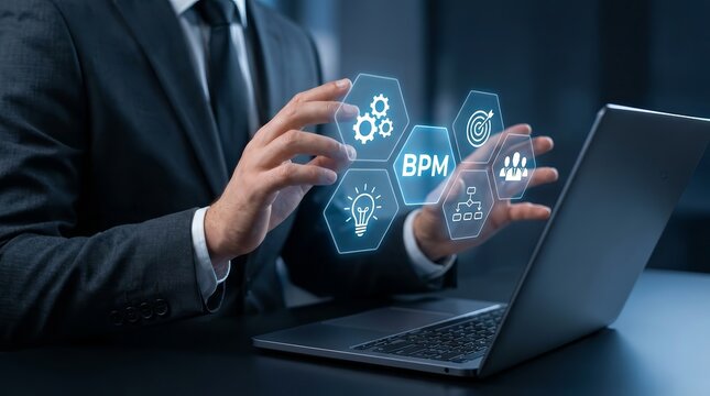 Digital business process management concept showing icons for workflow, strategy, and efficiency.