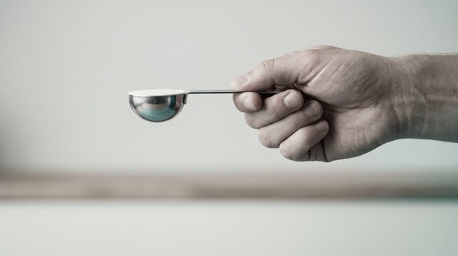 A hand holds a shiny silver measuring spoon filled with white sugar, ready for baking in a clean, bright kitchen. Sunlight softly illuminates the calm space.