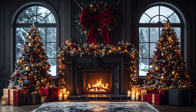Dark christmas interior fireplace mantel ornate carved wood burning fire arched windows snowy forest view festive wreath red velvet bow lanterns candles
