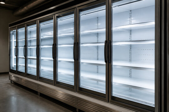 A row of commercial refrigerated display cases is set up indoors, likely in a grocery store or food service environment.