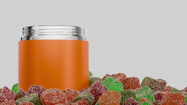 realistic 3d gummy sweet falling from above into a plastic jar, confectionary & candy