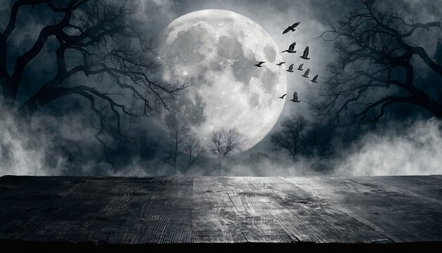 Spooky Halloween background with full moon. Empty wooden table surface in front of dark forest, flying birds, and scary fog. Dark night scene for horror product presentation or promotion.