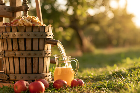 Fresh apple juice running from a wooden press into a jug