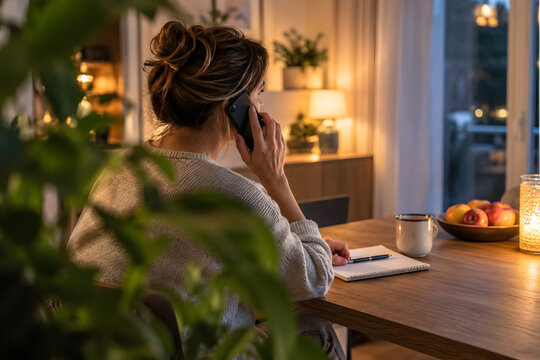 Adult woman making a preventive healthcare appointment by phone at home, framed through a houseplant in warm evening light, representing health responsibility, wellness and medical prevention.
