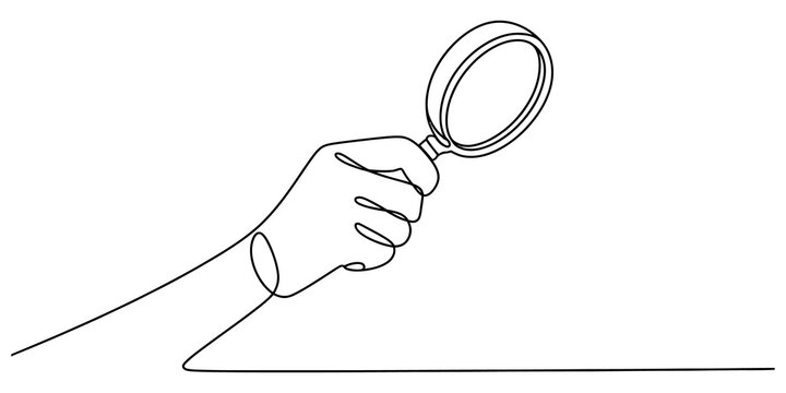 Continuous single line drawing of a human hand holding a magnifying glass to search for clues and investigation isolated on transparent background
