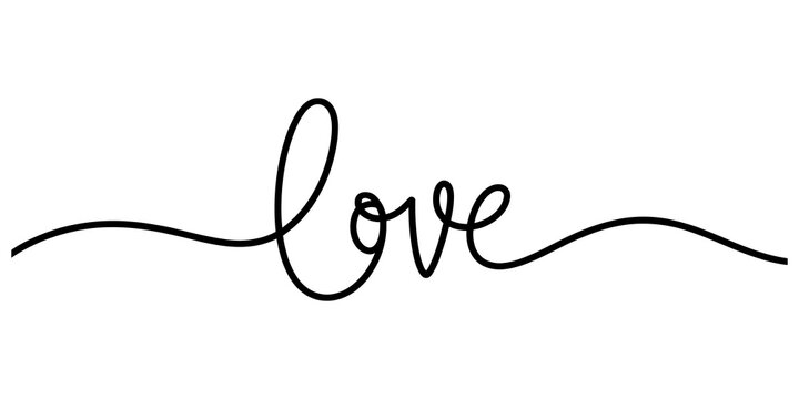 Continuous single line drawing of the word love written in elegant cursive script lettering for romantic design isolated on transparent background