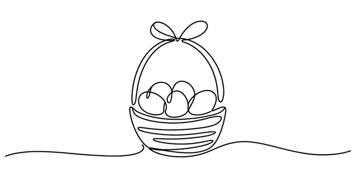 Continuous single line drawing of a basket full of easter eggs isolated on transparent background