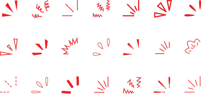 Set of red comic book style action lines and explosion effects for manga design and graphic motion elements