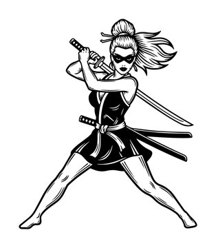 Female ninja warrior in fighting pose with katana vector illustration, Japanese kunoichi line art sketch