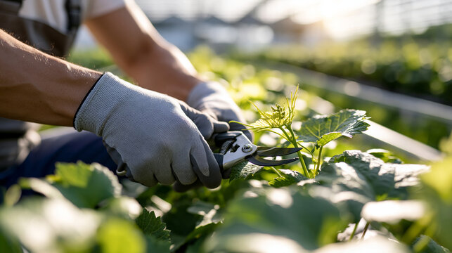 Close crop of gloved hands pruning grape vines in a bright greenhouse clean well lit agricultural scene viticulture sustainable farming plant care horticulture seasonal work organic