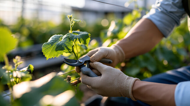 Close crop of gloved hands pruning grape vines in a bright greenhouse clean well lit agricultural scene viticulture sustainable farming plant care horticulture seasonal work organic