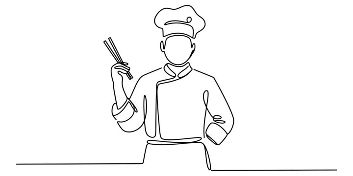 Continuous single line drawing of a professional chef wearing a hat and holding chopsticks isolated on a white background Vector, illustration