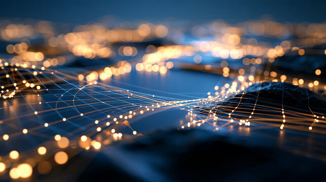 Aerial view of glowing light patterns tracing across dark terrain like an energy network bright accent lighting against a clean composition technology concept data flow visualization