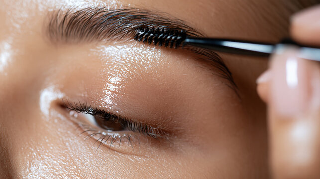 Macro beauty shot of a brush grooming an eyebrow with glowing skin texture bright clean well lit cosmetics photography brow shaping beauty routine makeup application skincare self