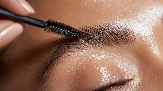 Macro beauty shot of a brush grooming an eyebrow with glowing skin texture bright clean well lit cosmetics photography brow shaping beauty routine makeup application skincare self