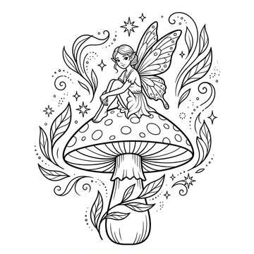 Fairy Sitting on Mushroom Fantasy Coloring Page