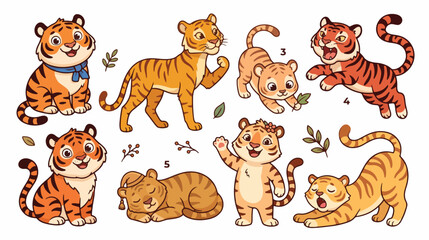 Obraz premium Playful Cartoon Tigers Collection Isolated on White Background
