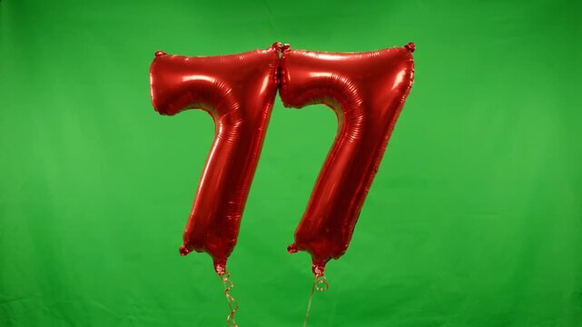 Red number 77 foil balloons on green screen background. Metallic seventy seven birthday balloons for anniversary celebration. Floating party balloons.