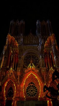 The light show Regalia on the facade of Reims Cathedral Notre-Dame de Reims. Reims, France, December 25, 2025. High quality 4k footage