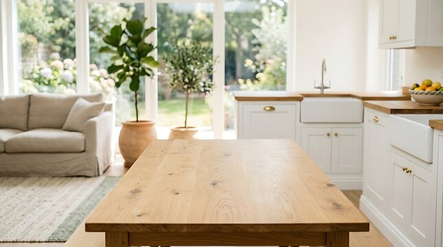 Empty Wooden Table in Bright Modern Kitchen with Garden View Background for Product Placement and Home Interior Design