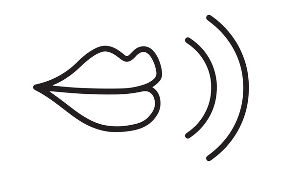 Line art icon of lips speaking with sound waves for communication and voice.