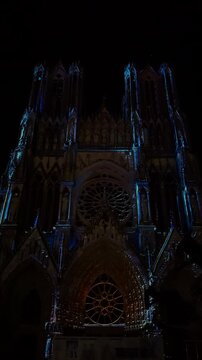 The light show Regalia on the facade of Reims Cathedral Notre-Dame de Reims. Reims, France, December 25, 2025. High quality 4k footage