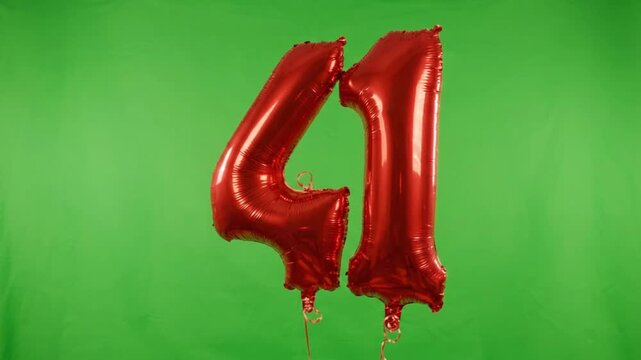 Red foil number 41 balloons on green screen background, metallic forty-one birthday balloons for chroma key, festive celebration numeral forty one