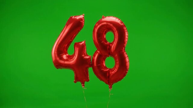 Red foil number 48 balloons on green screen, metallic forty eight birthday balloons, floating anniversary celebration numerals for chroma key