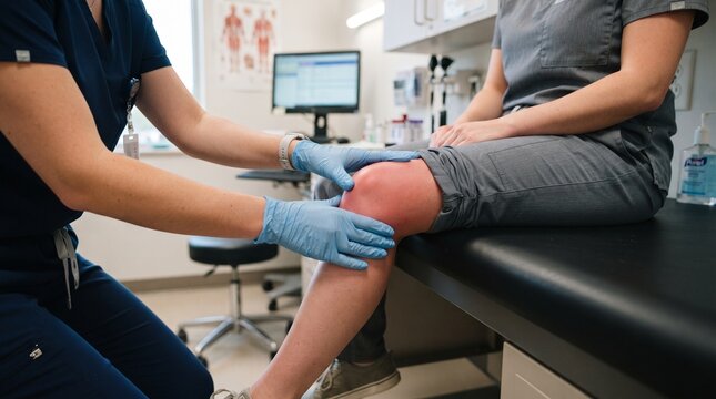 Medical professional wearing blue latex gloves examines a patient with a swollen red painful knee joint