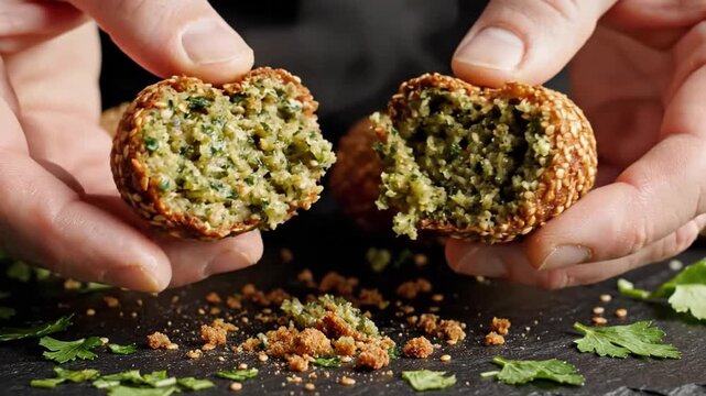 Middle Eastern male chef hands breaking a crispy falafel ball on a dark slate background, showing delicious vegetarian food.