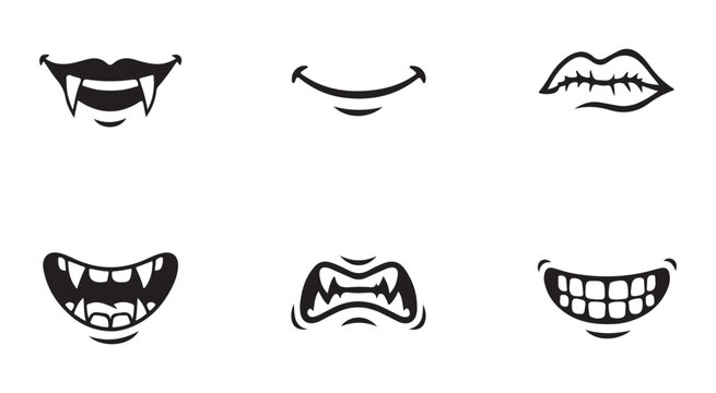 Black monster mouth icons set with vampire fangs and spooky smiles for halloween party decorations.