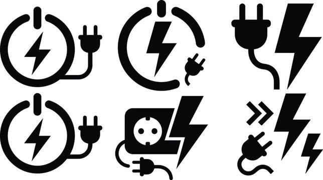 Electricity and Power Icons Set &ndash; Lightning Bolt, Plug and Electrical Energy Symbols Vector
