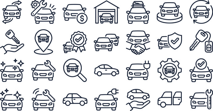 Automobile and car dealer editable stroke outline icon isolated on white background flat vector illustration. Pixel perfect. 64 x 64.