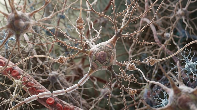 Detailed 3D rendering of a human neuron cell showing nucleus, dendrites, axon with myelin sheath, and synapses in a neural network