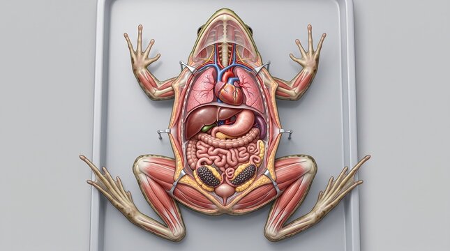 Detailed anatomical illustration of a dissected frog showing internal organs, muscles, and skeletal structure on a white tray