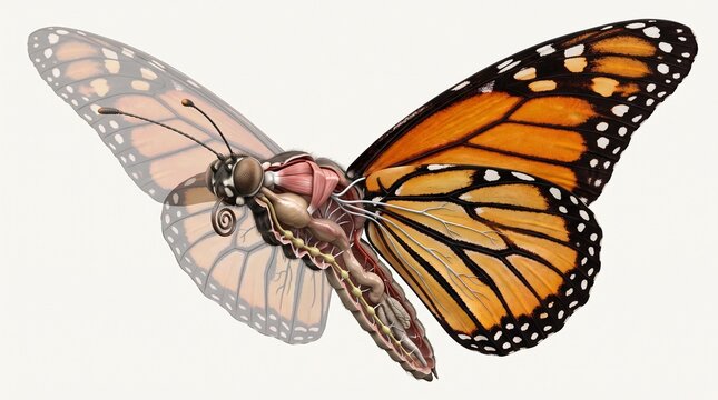 Detailed Anatomical Cross-Section of a Monarch Butterfly Showing Internal Organs and Systems on a White Background
