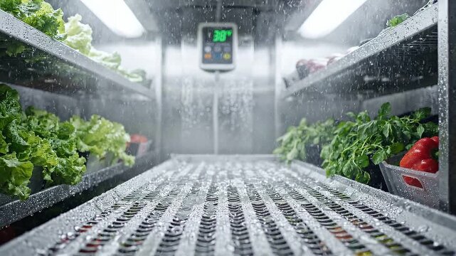 Fresh organic vegetables in industrial refrigerator with temperature control for restaurant food storage.