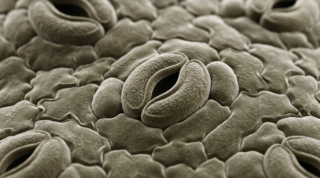 Microscopic View of Leaf Stomata via Scanning Electron Microscope Showing Guard Cells and Pores