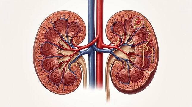 Detailed Cross-Section Illustration of Human Kidneys Showing Internal Anatomy, Nephrons, and Vascular System