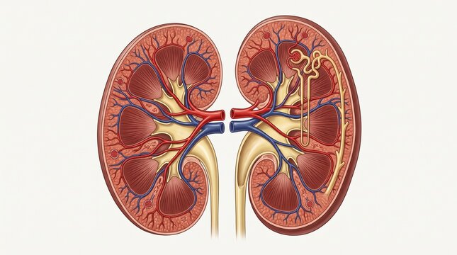 Detailed cross-section illustration of human kidneys showing internal anatomy including renal cortex, medulla, pelvis, and nephron structure on a white background.