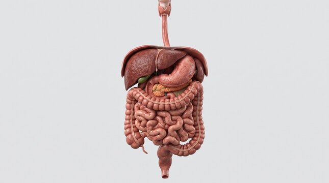 3D Rendering of the Human Digestive System Including Liver, Stomach, and Intestines on a Plain Background