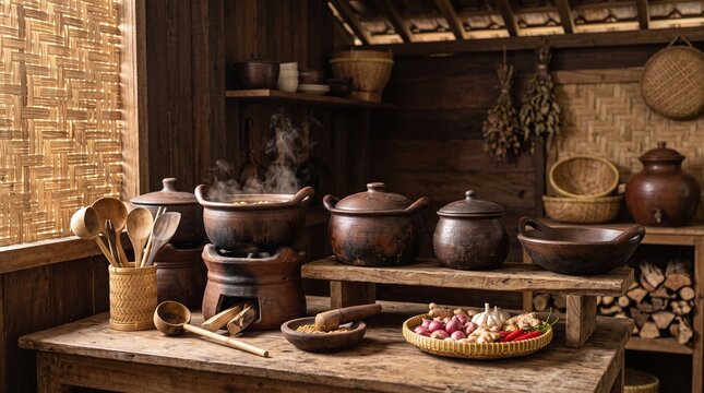 Traditional Javanese kitchen interior featuring clay cooking pots, a wood-burning stove, and fresh spices on a rustic wooden table.