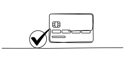 Continuous one line drawing of a credit card and a check mark symbol representing payment success and approved transaction isolated on transparent background © Coloring Pages Line 