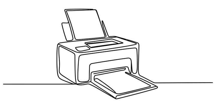 Continuous single line drawing of a modern office printer machine for document printing and paper scanning technology isolated on transparent background